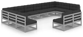 vidaXL 12-delige Loungeset met kussens massief grenenhout grijs