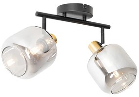 Plafondspot zwart met goud met smoke glas 2-lichts - Zuzanna