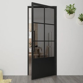 Stalen Deur - Binnendeur 6 Vaks Kickplate Rechtsdraaiend Rookglas 196,0 X 81,2 Cm - Zwart - Incl. Kozijn