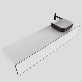 Zaro Lagom volledig naadloos solid surface onderkast met topblad 170cm mat zwart met 2 lades Push tot open. Compleet met solid surface opzetkom met 1 kraangat(en)