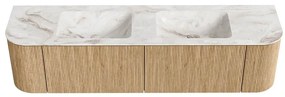 Mondiaz Kurve-dlux 180cm badmeubel ronding links/rechts oak met 2 lades en deuren en wastafel leaf dubbel 2 kraangaten frappe