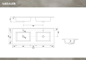 Brauer Starfall dubbele wastafel keramiek 120cm met 2 kraangaten wit glans