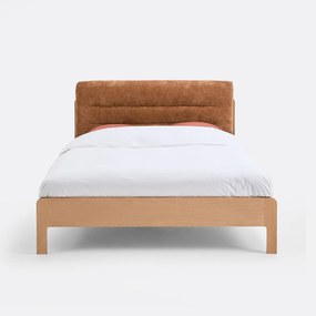 Eikenhouten bed met lattenbodem en gestoffeerd hoofdbord, Talet