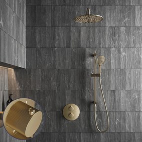 Saniclear Brass Stripes inbouw regendouche rond met 30cm hoofddouche, muurarm, 2 standen handdouche en glijstang geborsteld messing - mat goud