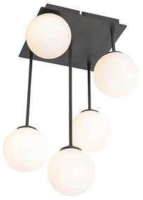 Moderne plafondlamp zwart met opaal glas 5-lichts  - Athens