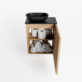 Mondiaz Fowy toiletmeubel 40cm washed oak met zwarte waskom links en kraangat