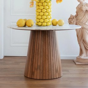 Ronde Eettafel Wit Marmer En Hout - 115 X 115cm.