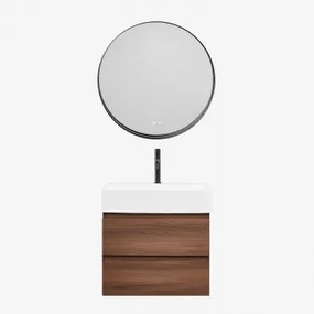 Badkamermeubelset Van Hout En Essenhoutfineer Met Geïntegreerde Wastafel Ona Donker Hout & Round Led And Antifog Zwart Ø80 Cm Kimacs - Sklum