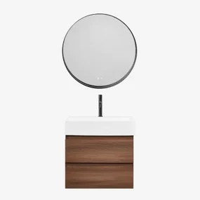 Badkamermeubelset Van Hout En Essenhoutfineer Met Geïntegreerde Wastafel Ona Donker Hout & Round Led And Antifog Zwart Ø80 Cm Kimacs - Sklum