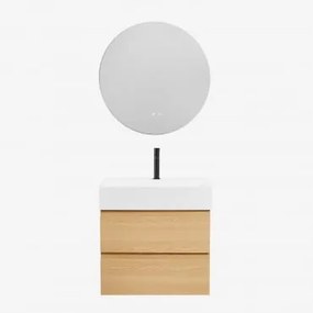 Badkamermeubelset Van Hout En Essenhoutfineer Met Geïntegreerde Wastafel Ona Natuurlijk Hout & Round Led And Antifog Ø70 Cm Solyn & - Sklum