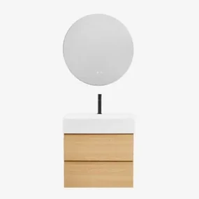 Badkamermeubelset Van Hout En Essenhoutfineer Met Geïntegreerde Wastafel Ona Natuurlijk Hout & Round Led And Antifog Ø70 Cm Solyn & - Sklum