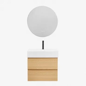 Ona Zwevend Badkamermeubelset Van Hout En Essenfineer Met Geïntegreerde Wastafel Natuurlijk Hout & Round Led And Antifog Ø70 Cm Riben - Sklum