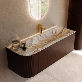 Mondiaz Kurve-dlux 125cm badmeubel ronding links ruby met 1 lade en deur en wastafel big medium kraangat rechts glace