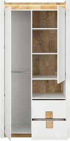 Kledingkast Cirevai 106, Westminster eik, Glanzend wit, 201x102x60cm, 99.85 kg, Kledingkast deuren: Met scharnieren, Aantal planken: 3, Aantal planken: 3