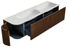 Mondiaz Kurve-dlux 165cm badmeubel ronding links walnut met 2 lades en 1 deur en wastafel stor small dubbel/rechts 2 kraangaten opalo