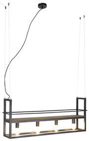 Eettafel / Eetkamer Smart hanglamp zwart met hout en rek 4-lichts incl. Wifi A60 - Cage Rack Industriele / Industrie / Industrial E27 Binnenverlichting Lamp