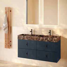 Muebles Murcia badmeubel ribbelfront 120cm marine blauw met Dark Emperador wastafel met kraangaten