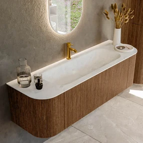 Mondiaz Kurve-dlux 150cm badmeubel ronding links/rechts walnut met 1 lade en 2 deuren en wastafel big medium midden 1 kraangat opalo