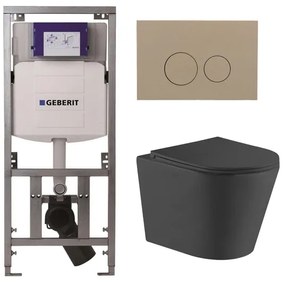 QeramiQ Dely Toiletset - 36.3x51.7cm - diepspoel - rimless - Geberit UP320 inbouwreservoir - met Burda frame - softclose toiletzitting - bedieningsplaat taupe - ronde knoppen - zwart mat SW1026253/0701131/SW1102378/SW1000768