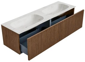 Mondiaz Kurve-dlux 150cm badmeubel walnut met 2 lades en wastafel stor small dubbel 2 kraangaten ostra