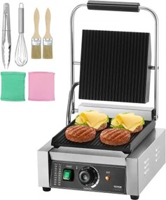 VEVOR Commerciële Panini Grill, 1,8 kW Elektrische Sandwich Panini Maker, Sandwich Press Grill RVS, Panini Grill met Temperatuurregeling &amp; 23 x 23 cm Grote Geëmailleerde Plaat met Groeven