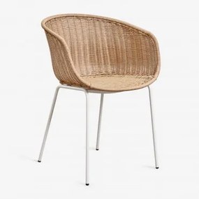 New Tulua Eetkamerstoel Met Armleuningen Van Synthetisch Riet En Staal Tapioca Beige & Geen Kussen - Sklum