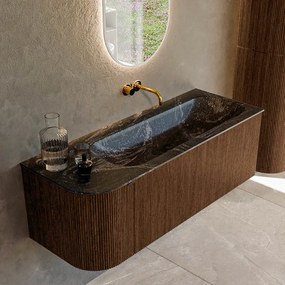 Mondiaz Kurve-dlux 125cm badmeubel ronding links walnut met 1 lade en deur en wastafel big medium rechts zonder kraangat lava
