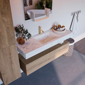 Mondiaz Alan DLux badmeubel 130cm washed oak 1 lade met wastafel opalo midden 1 kraangat