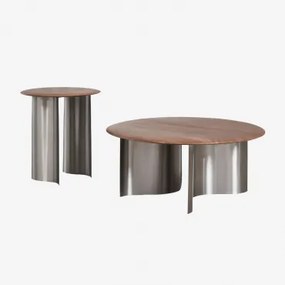 Set Van 2 Ronde Salontafels Van Mangohout En Roestvrij Staal Marvion Donker Handvat Hout - Sklum