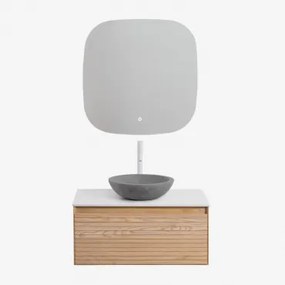 Tedrik Badkamermeubelset In Essenhout Ash Brown & Rond Grijs Cement Ø40 Cm Tarsis & Vierkant Led En Anticondens 75x75 Cm Tobie & Wit - Sklum