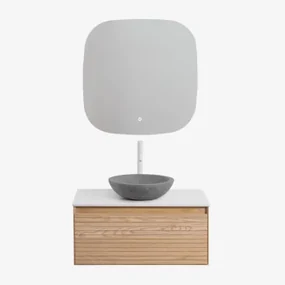 Tedrik Badkamermeubelset In Essenhout Ash Brown & Rond Grijs Cement Ø40 Cm Tarsis & Vierkant Led En Anticondens 75x75 Cm Tobie & Wit - Sklum