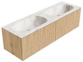 Mondiaz Kurve-dlux 150cm badmeubel oak met 2 lades en wastafel stor small dubbel 2 kraangaten frappe