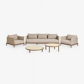 Tuinset Met 3-zitsbank, 2 Fauteuils En 2 Ronde Salontafels Van Acaciahout Olivia Beige - Semoline - Sklum