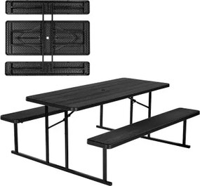VEVOR Opvouwbare picknicktafel (tafelblad met een draagvermogen van 150 kg) met 2 banken, stalen bankenset voor buiten met parasolgat, opvouwbare, draagbare eettafel voor terras, tuin, zwembad (zwart)