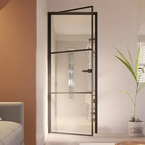 Stalen Deur - Binnendeur Slimline 3-vaks Klinksluiting Linksdraaiend Helder Glas - Zwart - Incl. Kozijn