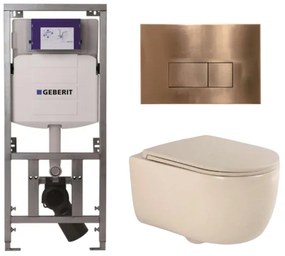 QeramiQ Dely Swirl Toiletset - 36.3x51.7cm - Geberit UP320 Burda inbouwreservoir - slim zitting - koperen bedieningsplaat - rechthoekige knoppen - beige 0701131/SW706197/SW1000770/SW1026259