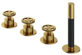 Hotbath Cobber @work 4-gats inbouwbadrandcombinatie met 2 mengkraan knoppen met omstel en handdouche geborsteld messing pvd CW074BBP