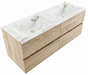 Mondiaz Vica DLux badmeubel 130cm washed oak 4 lades met wastafel frappe dubbel 2 kraangaten