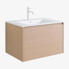 Jacob Zwevend Houten Badkamermeubelset Met Geïntegreerde Wastafel Natuurlijk Hout & Spiegelloze & Wit ↑20 Cm Met Overloop Aftapventiel Orveta - Sklum