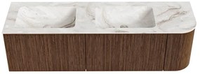 Mondiaz Kurve-dlux 155cm badmeubel ronding rechts walnut met 2 lades en 1 deur en wastafel leaf dubbel/links 2 kraangaten frappe