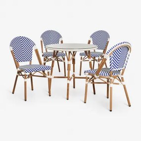 Brielle Bistro Ronde Tafelset (80 Cm Diameter) En 4 Stapelbare Aluminium Tuinstoelen Ken Blauw - Gardenia Wit - Sklum