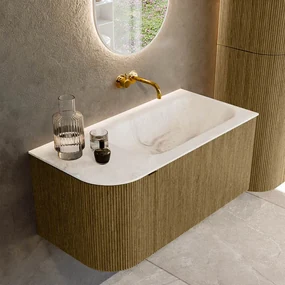 Mondiaz Kurve-dlux 95cm badmeubel ronding links dusk met 1 lade en deur en wastafel big small rechts zonder kraangat frappe