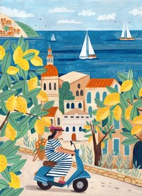 Ilustratie Travel poster woman on the Amalfi coast, Lorenzo A Roe