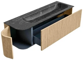 Mondiaz Kurve-dlux 145cm badmeubel ronding links oak met 1 lade en deur en wastafel big large rechts 2 kraangaten lava