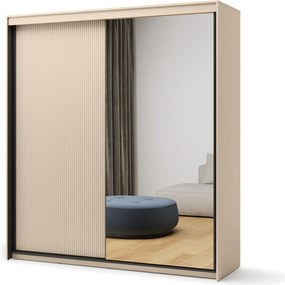 Kledingkast Lorfera 100, Zwart, Beige, 222x200x63cm, 189 kg, Kledingkast deuren: Schuivend