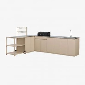 Modulaire Buitenhoekkeuken Van 6 Delen Met Gootsteen, Opbergruimte En Houtskoolbarbecue Van Rivana-staal Tapioca Beige & Grijs Geborsteld Rintran -