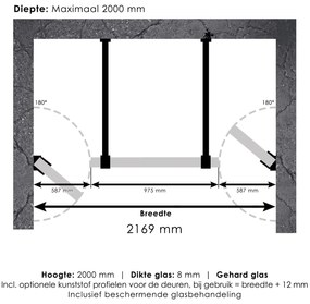 Brauer JC profielloze niscabine XL 220x200cm met 60cm deuren gunmetal geborsteld