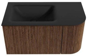 Mondiaz Kurve 85cm badmeubel ronding rechts walnut met 1 lade en deur en wastafel cloud kraangat links urban