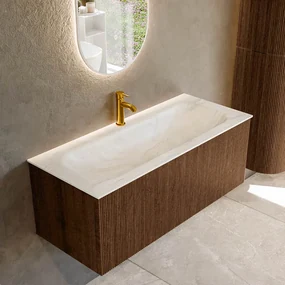 Mondiaz Kurve-dlux 110cm badmeubel walnut met 1 lade en wastafel big medium midden 1 kraangat ostra