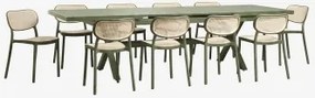Set Van Een Uitschuifbare Rechthoekige Tafel 240-300x100 Cm In Aluminium Karena En 10 Stapelbare Eetkamerstoelen In Polypropylee Groen – Intens Olijf